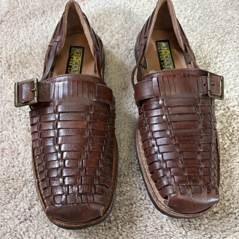 Mens RJ Colt Brown Leather Woven Fisherman Sandals